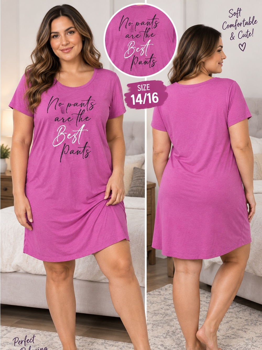 Pink Graphic Women’s nightgown - "No Pants Are The Best Pants" size 14/16